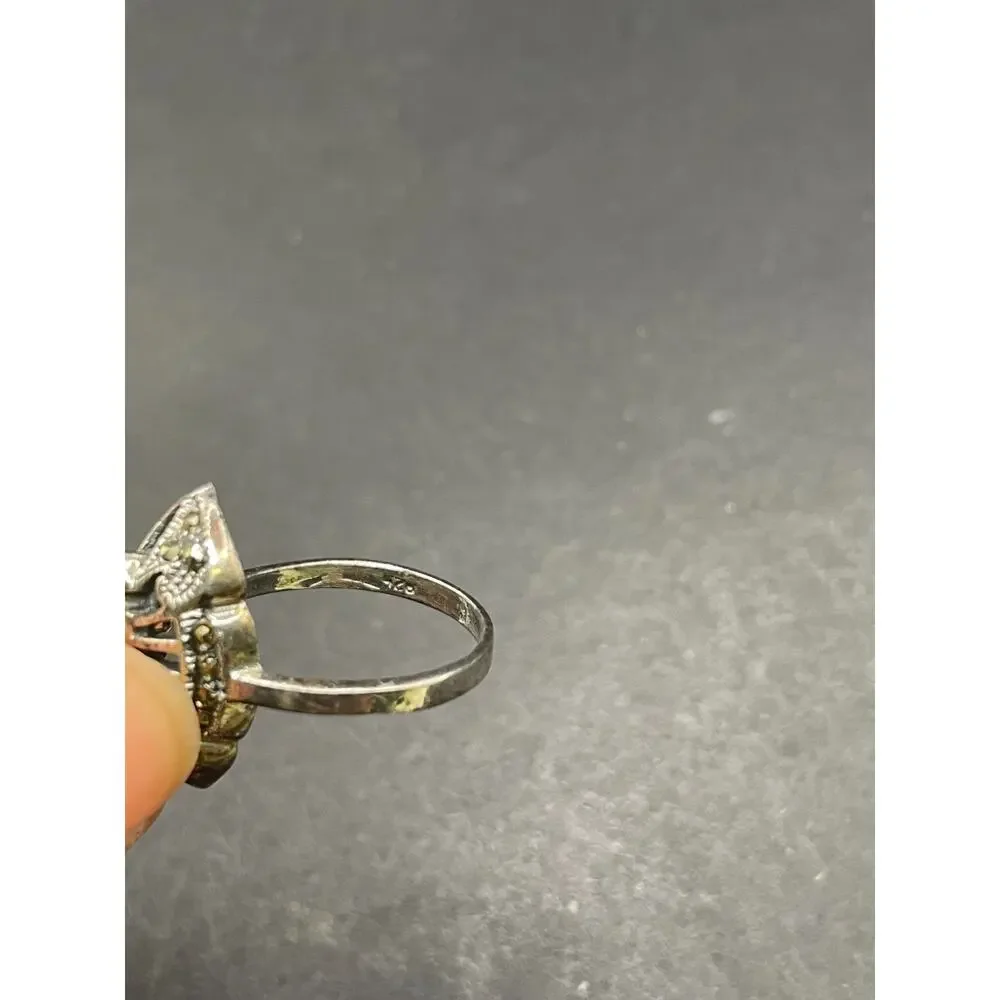 Vintage 925 Sterling Silver Aquamarine Blue Marquise Marcasite Ring Size 6.75